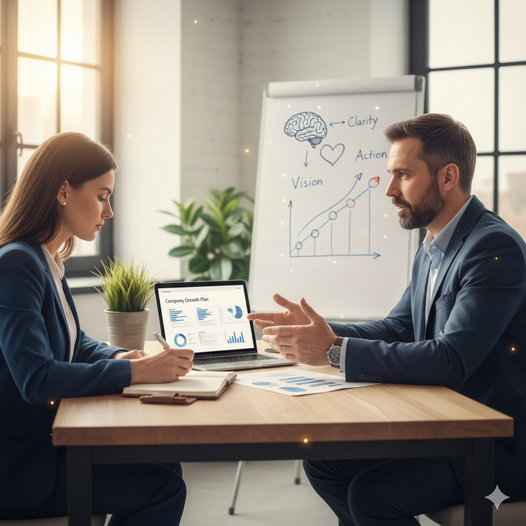 Two business professionals discussing a growth and mindset strategy in an office, with a whiteboard showing concepts like clarity, vision, and action — representing business mindset coaching and leadership development